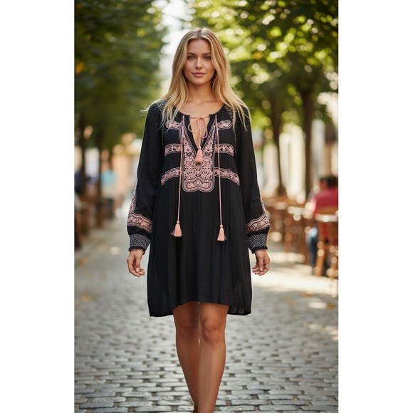 Free People Dresses & Skirts - Free People Black Wind Willow Mini Dress BOHO w/Embroidery‎ Peasant Style Sz S